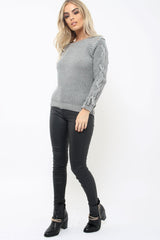 Grey Chunky Knit Lace Up Sleeve Jumper - Sarah