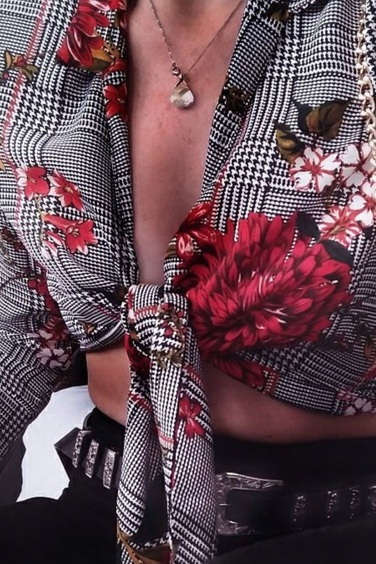 Hounds Tooth Floral Print Tie Front Crop Top - Kaylie