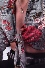 Hounds Tooth Floral Print Tie Front Crop Top - Kaylie