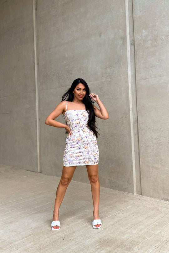 Cream Floral Ruched Mini Dress - Ilani