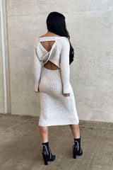 Beige Open Twist Back Maxi Bodycon Jumper Dress - Karrah