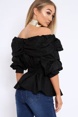 Black Bardot Ruched Frill Top with Waist Tie Detailing - Sarina