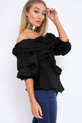Black Bardot Ruched Frill Top with Waist Tie Detailing - Sarina