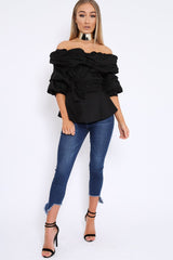 Black Bardot Ruched Frill Top with Waist Tie Detailing - Sarina