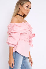 Pink Bardot Ruched Frill Top with Waist Tie Detailing - Sarina