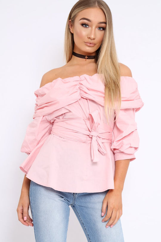 Pink Bardot Ruched Frill Top with Waist Tie Detailing - Sarina