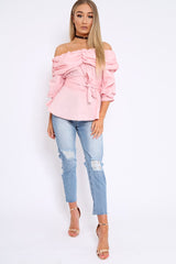 Pink Bardot Ruched Frill Top with Waist Tie Detailing - Sarina