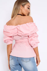 Pink Bardot Ruched Frill Top with Waist Tie Detailing - Sarina