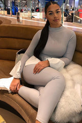 Grey Ribbed Flared Shirt and Leggings Co-ord - Aafiya