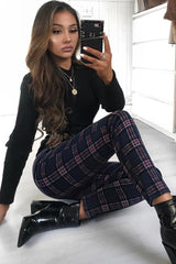 Navy Check High Waist Slim Fit Trousers - Sashya