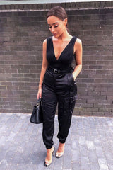 Black Satin Utility Pocket Cuffed Hem Trousers - Delilah