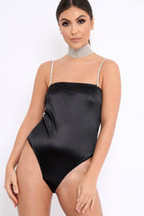 Black Satin Diamante Strap Bodysuit - Abbielee