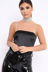 Black Satin Diamante Strap Bodysuit - Abbielee