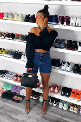 Mid Wash Raw Hem High Waist Denim Shorts - Atlanta