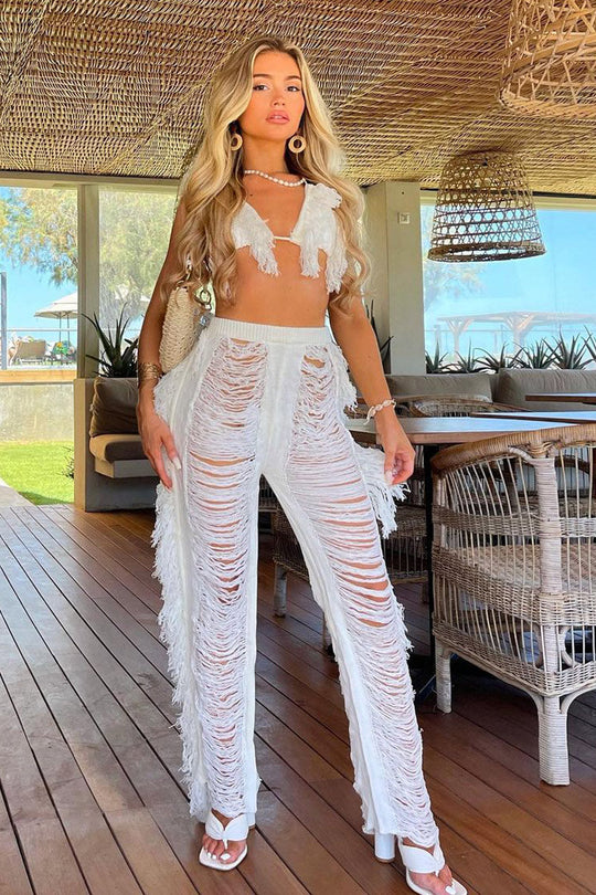 Cream Frayed Knit Bralette & Trouser Set - Scarlett