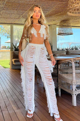 Cream Frayed Knit Bralette & Trouser Set - Scarlett