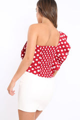 Red One Shoulder Polka Dot Top with Ruffles - Secilia