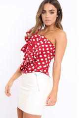 Red One Shoulder Polka Dot Top with Ruffles - Secilia