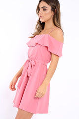 Pink Cold Shoulder Frill Tie Waist Dress - Selah
