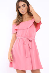 Pink Cold Shoulder Frill Tie Waist Dress - Selah