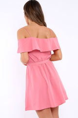Pink Cold Shoulder Frill Tie Waist Dress - Selah