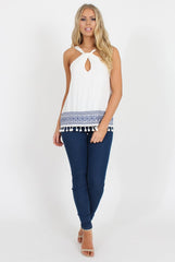 White Key Hole Pom Pom Top - Selena