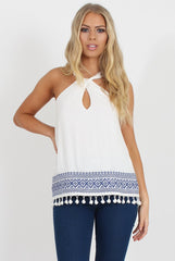 White Key Hole Pom Pom Top - Selena
