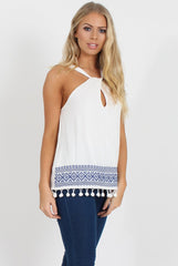 White Key Hole Pom Pom Top - Selena