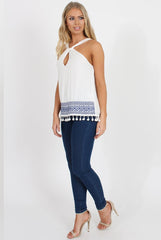 White Key Hole Pom Pom Top - Selena