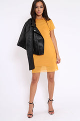 Mustard Mesh Overlay T-Shirt Dress - Selena