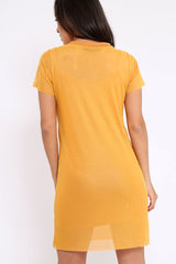 Mustard Mesh Overlay T-Shirt Dress - Selena