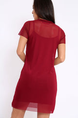 Wine Mesh Overlay T-Shirt Dress - Selena