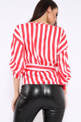 White and Red Striped Plunge Top with Ruched Sleeves - Semaya