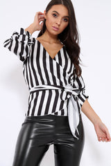 Black and White Striped Plunge Top with Ruched Sleeves - Semaya