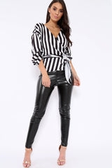 Black and White Striped Plunge Top with Ruched Sleeves - Semaya