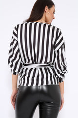 Black and White Striped Plunge Top with Ruched Sleeves - Semaya
