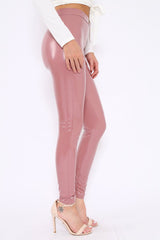 Rose Pink Shiny Vinyl PU Leggings - Rio