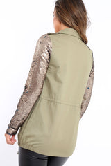 Khaki Sequin Sleeves and Pockets Jacket - Dakota