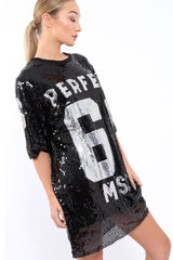 Black Sequin Miss Perfect 61 Tshirt Dress - Ysabelle
