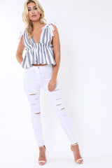 Black Pinstripe Plunge Blouse - Seraphina