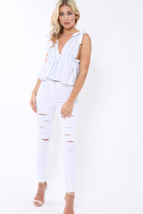 Blue Pinstripe Plunge Blouse - Seraphina