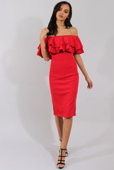 Red Bardot Frill Dress - Serena