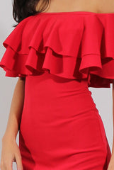 Red Bardot Frill Dress - Serena