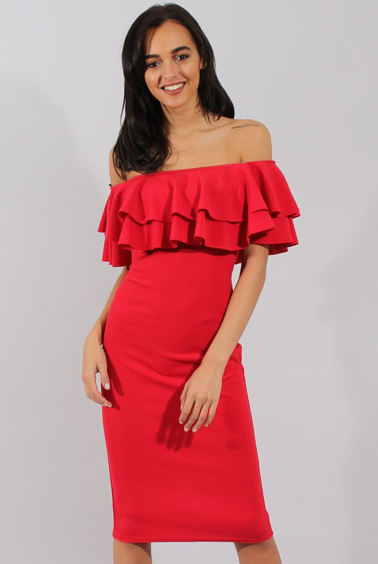Red Bardot Frill Dress - Serena