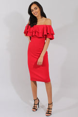 Red Bardot Frill Dress - Serena
