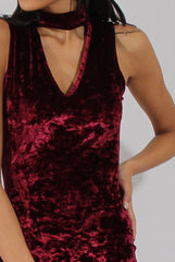 Wine Crushed Velvet Choker Dress - Serina