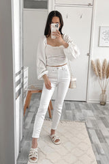 White Ruched Square Neckline Crop Top - Hallie