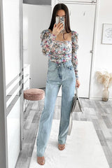 Blue Floral Puff Sleeve Bodysuit - Deana