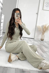 Sage Ribbed Button Front Top + Trouser Co-ord - Emani