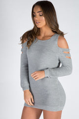 Grey Knitted Cold Shoulder Cut Out Jumper Dress - Sienna
